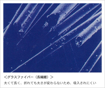 グラスファイバー（長繊維）：太くて長く、折れても太さが変わらないため、吸入されにくい