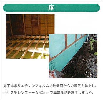 床：床下はポリエチレンフィルムで地盤面からの湿気を防止し、ポリスチレンフォーム50mmで基礎断熱を施工しました。